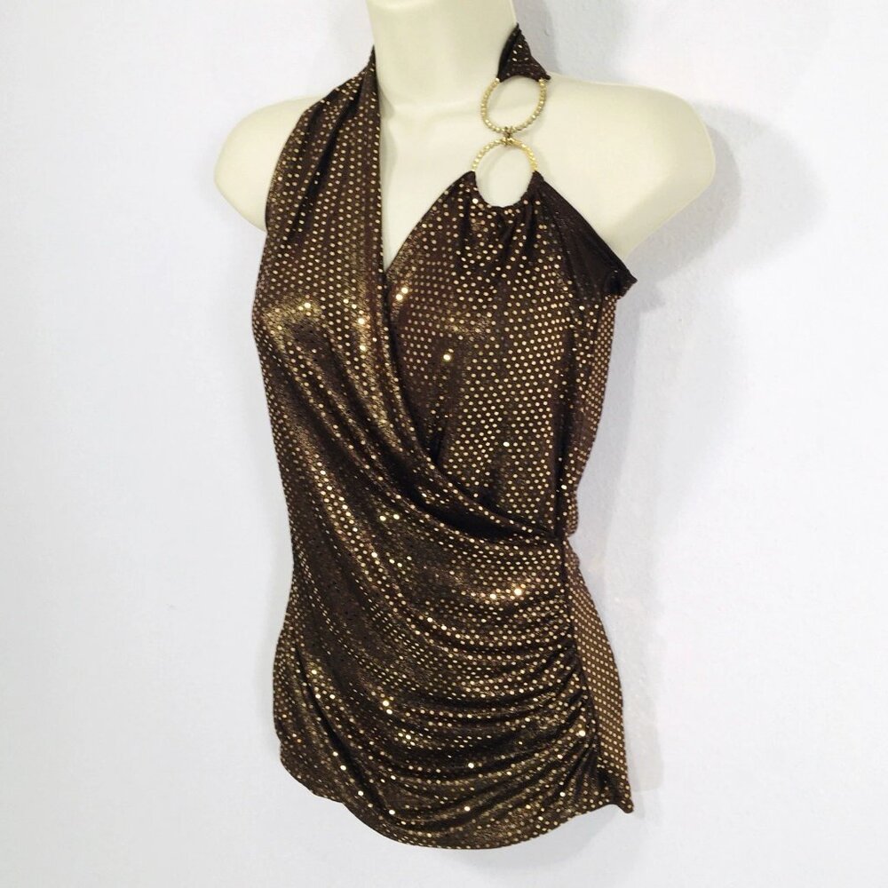 Vtg Y2K B Sharp Bronze/Gold Festival Top S/M Faux Wrap Ruched Jeweled Boho Fairy